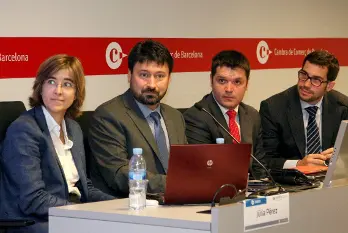 De izquierda a derecha: Júlia Pérez (Numintec), Isidoro Sánchez (director técnico de Numintec), Héctor Pascual (sales specialist LFD de Samsung) y Rubén Sánchez (responsable Digital Signage de Charmex Internacional)
