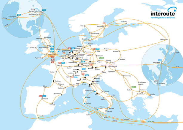 Mapa de las rutas de Interoute a nivel mundial.
