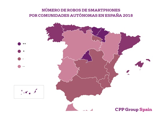 Robos de smartphones por Comunidad Autónoma en 2018. Fuente: CPP Group Spain