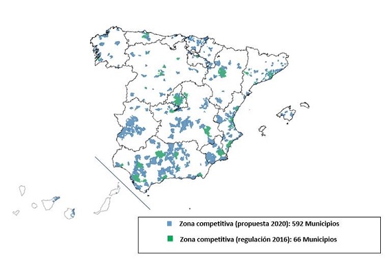 Mapa zonas competitivas (592 municipios)- Propuesta CNMC 2020.