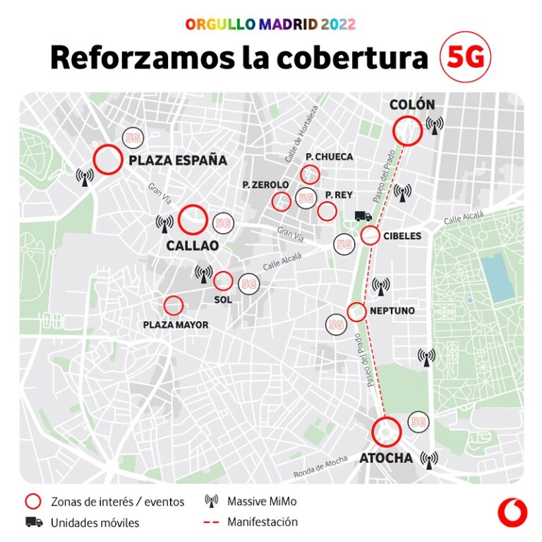 Mapa de cobertura 5G de Vodafone por motivo de las Fiestas del Orgullo.