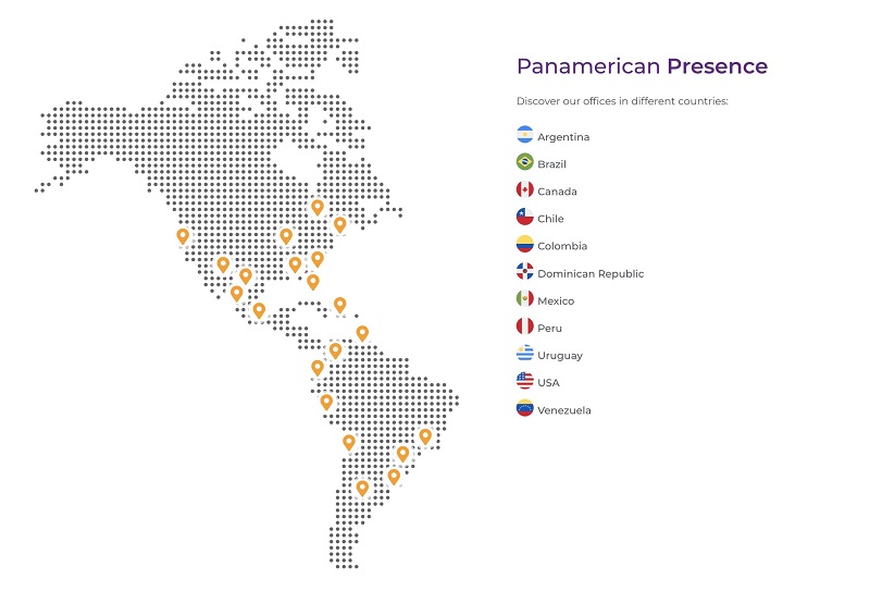 Mapa de las ubicaciones de Convergia en toda América.