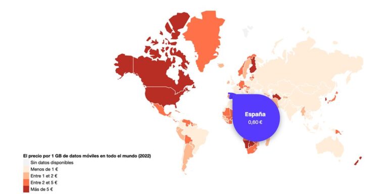 Mapa precio de datos móviles en el mundo. Detalle España.